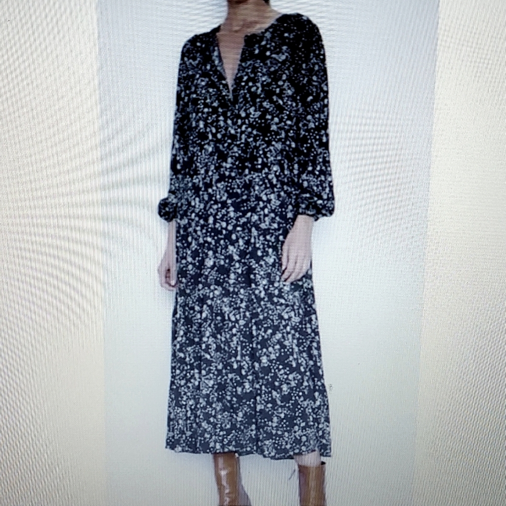 Zara Black & White Floral Peasant Style Midi Dress / Size Small